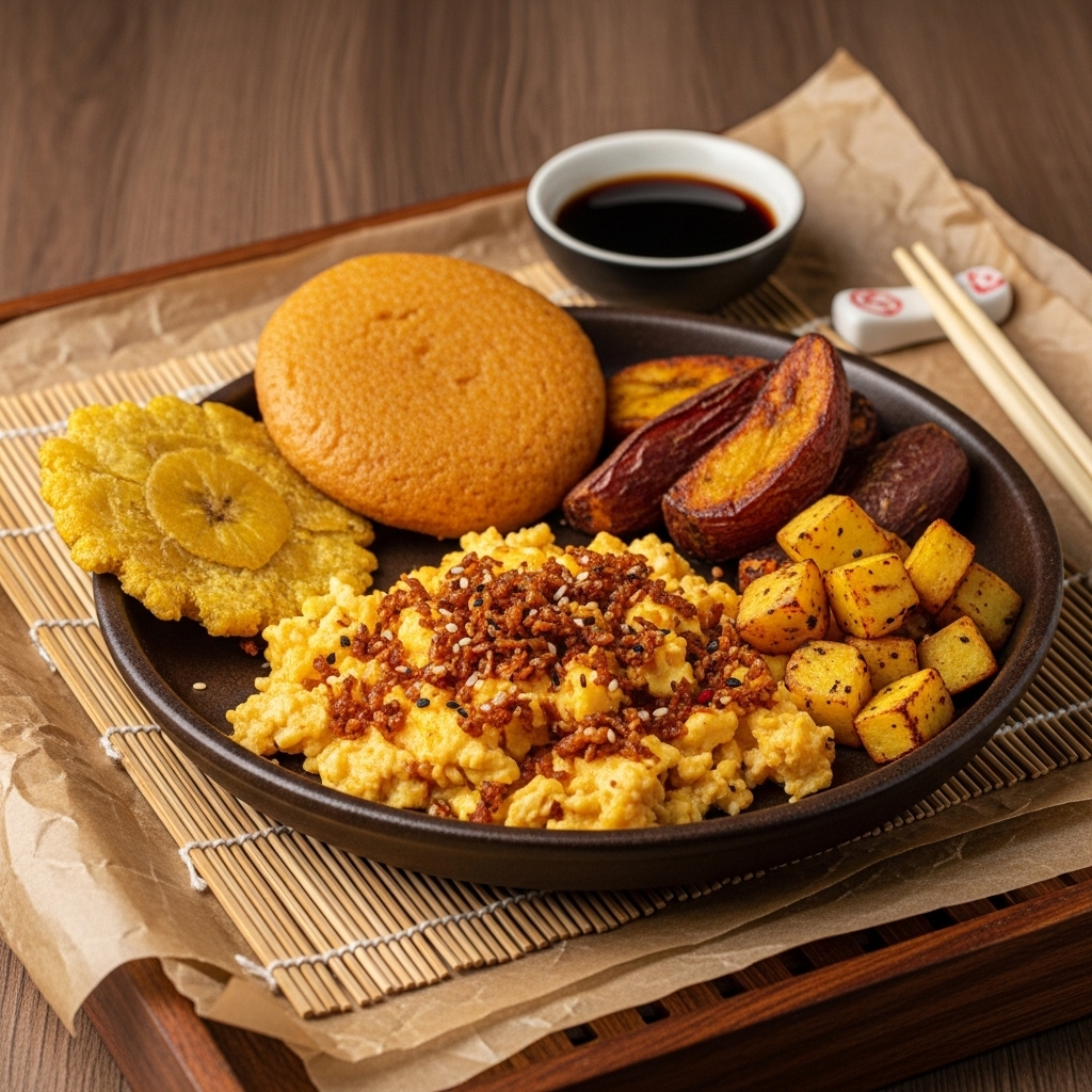 Gluten-Free Nigerian Breakfast Feast: Suya-Spiced Scrambled Eggs with Peppered Smashed Plantains, Gluten-Free Bakery Style Akara & Roasted Yams