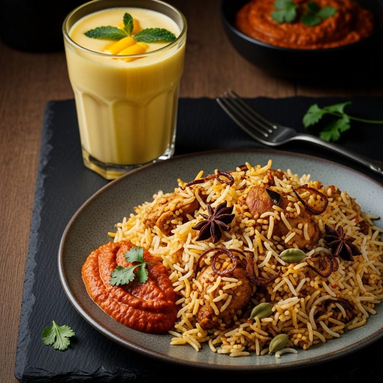 Gluten-Free Pakistani Brunch Delight: Aromatic Biryani with Spiced Tomato Chutney and Mango Lassi