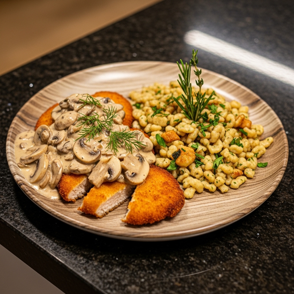 Gluten-Free Polish Chicken Schnitzel with Creamy Mushroom Sauce and Garlic Herb Spaetzle