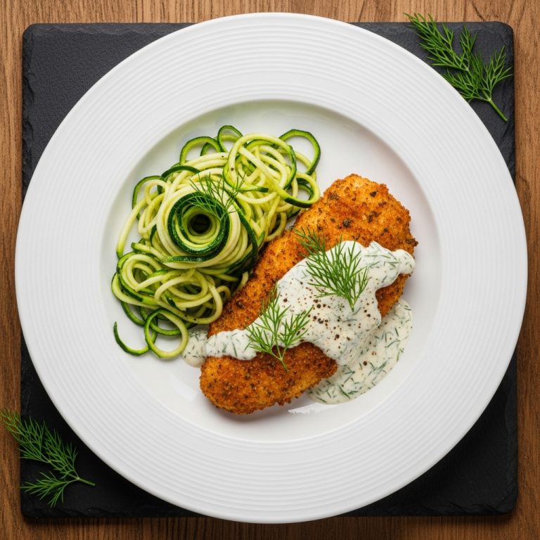 Gluten-Free Polish Lunch: Herbed Chicken Cutlet with Zucchini Noodles & Creamy Dill Sauce