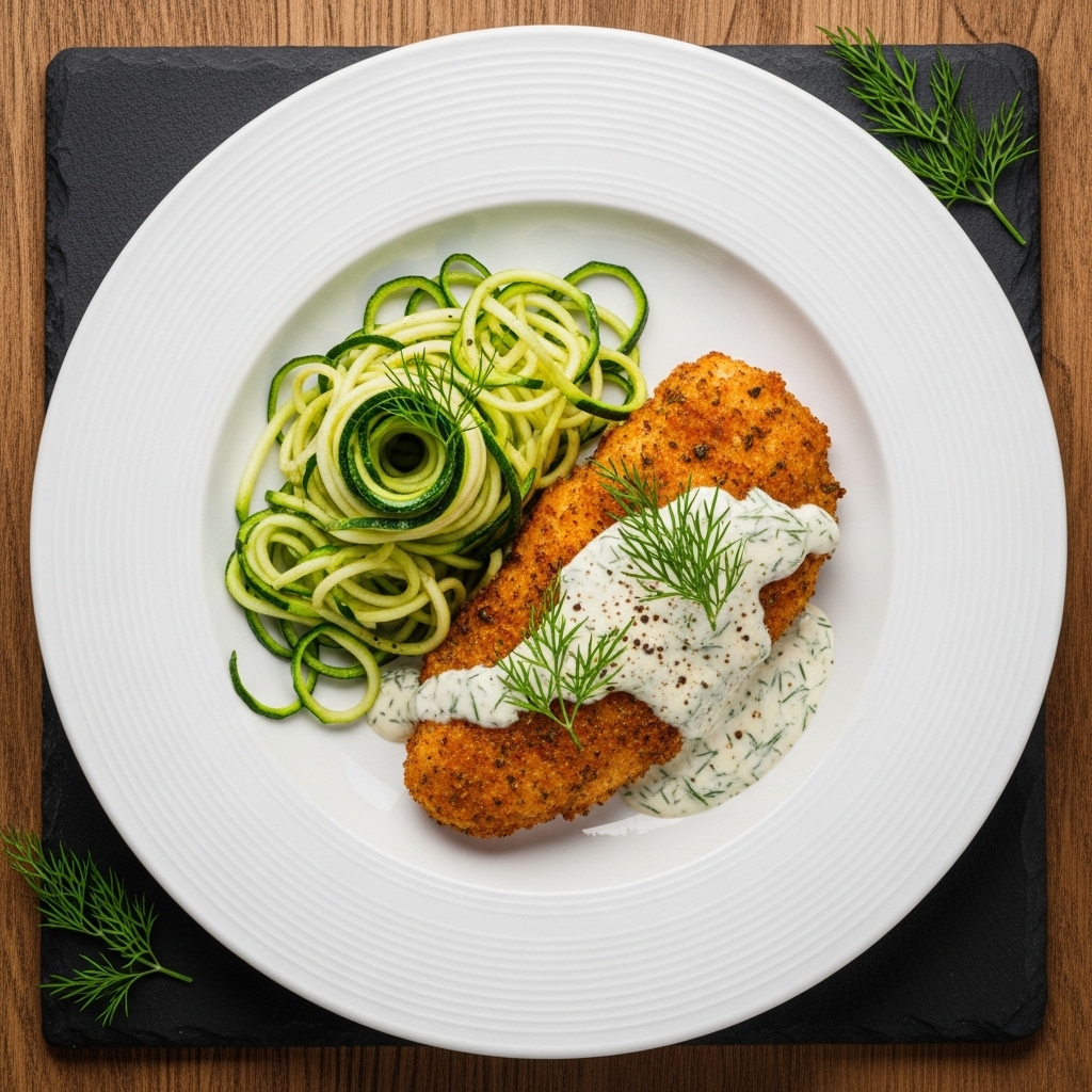 Gluten-Free Polish Lunch: Herbed Chicken Cutlet with Zucchini Noodles & Creamy Dill Sauce