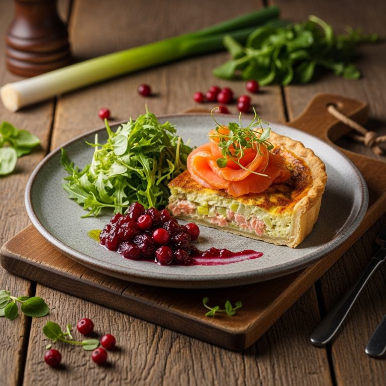 Gluten-Free Scottish Lunch: Smoked Salmon and Leek Quiche with Cranberry Chutney and Herb Salad