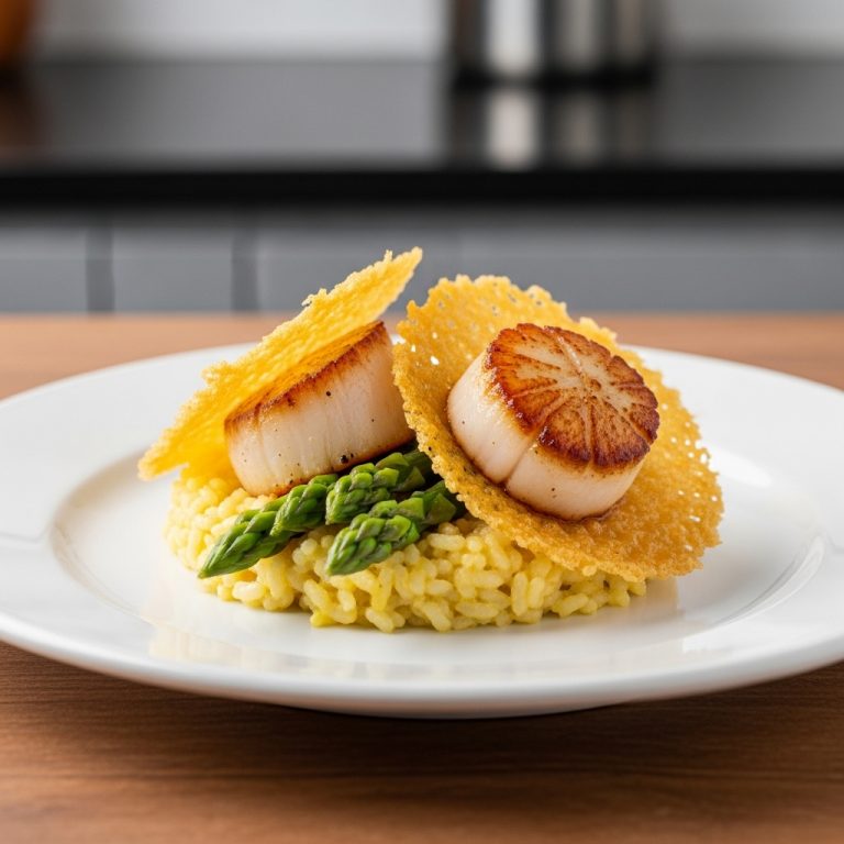 Gluten-Free Seared Scallops with Saffron Cauliflower Risotto and Asparagus Tips in Parmesan Crisps