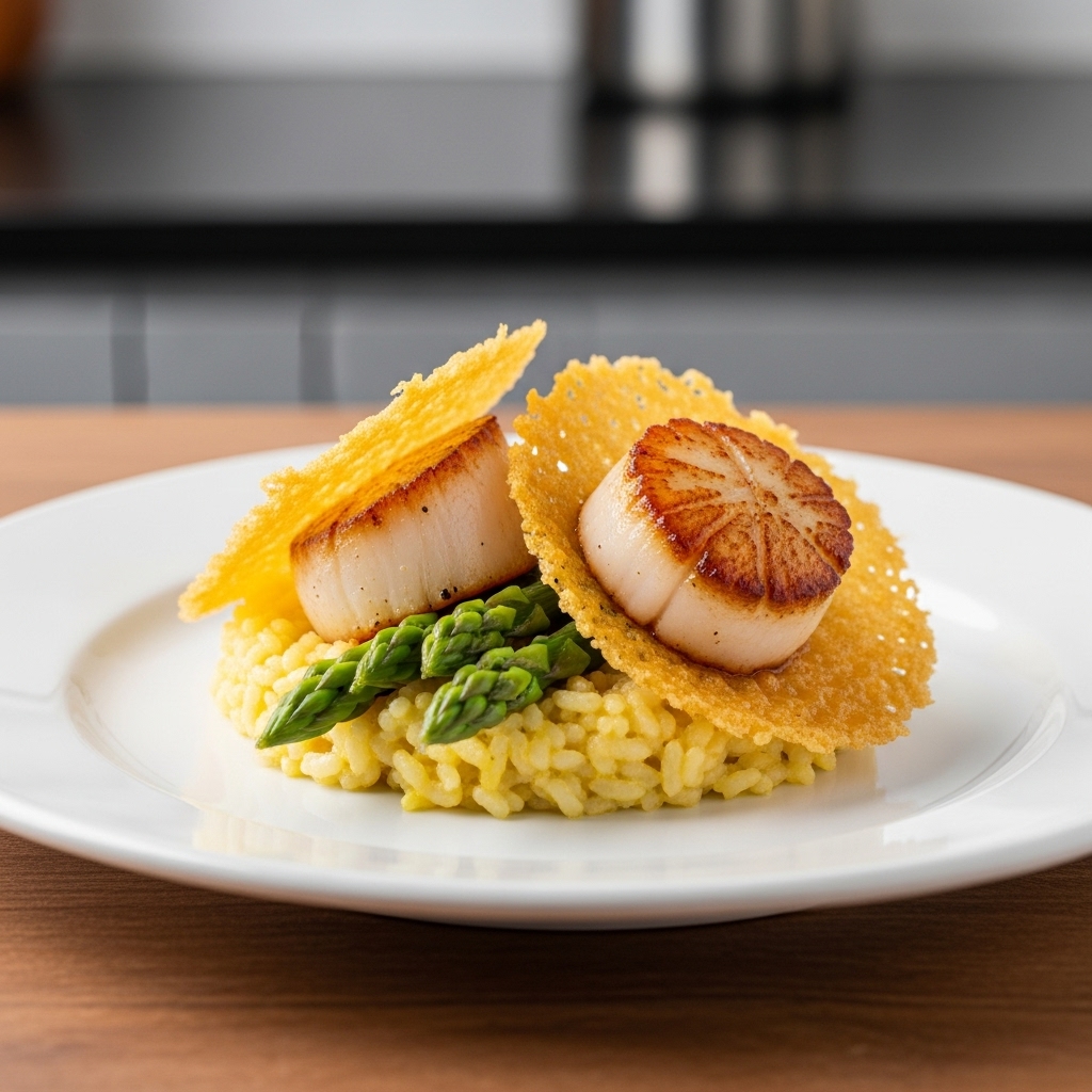Gluten-Free Seared Scallops with Saffron Cauliflower Risotto and Asparagus Tips in Parmesan Crisps