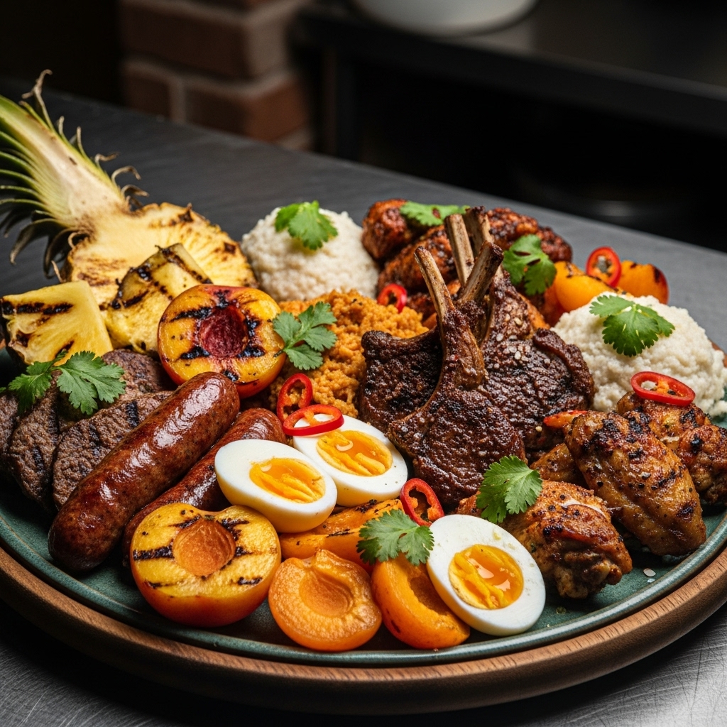 Gluten-Free South African-Inspired Fruit & Meat Braai Platter with Eggs and Pap