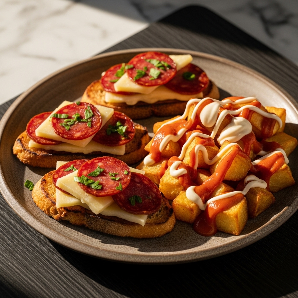 Gluten-Free Spanish Breakfast Tapas: Chorizo and Manchego Crostini with Patatas Bravas