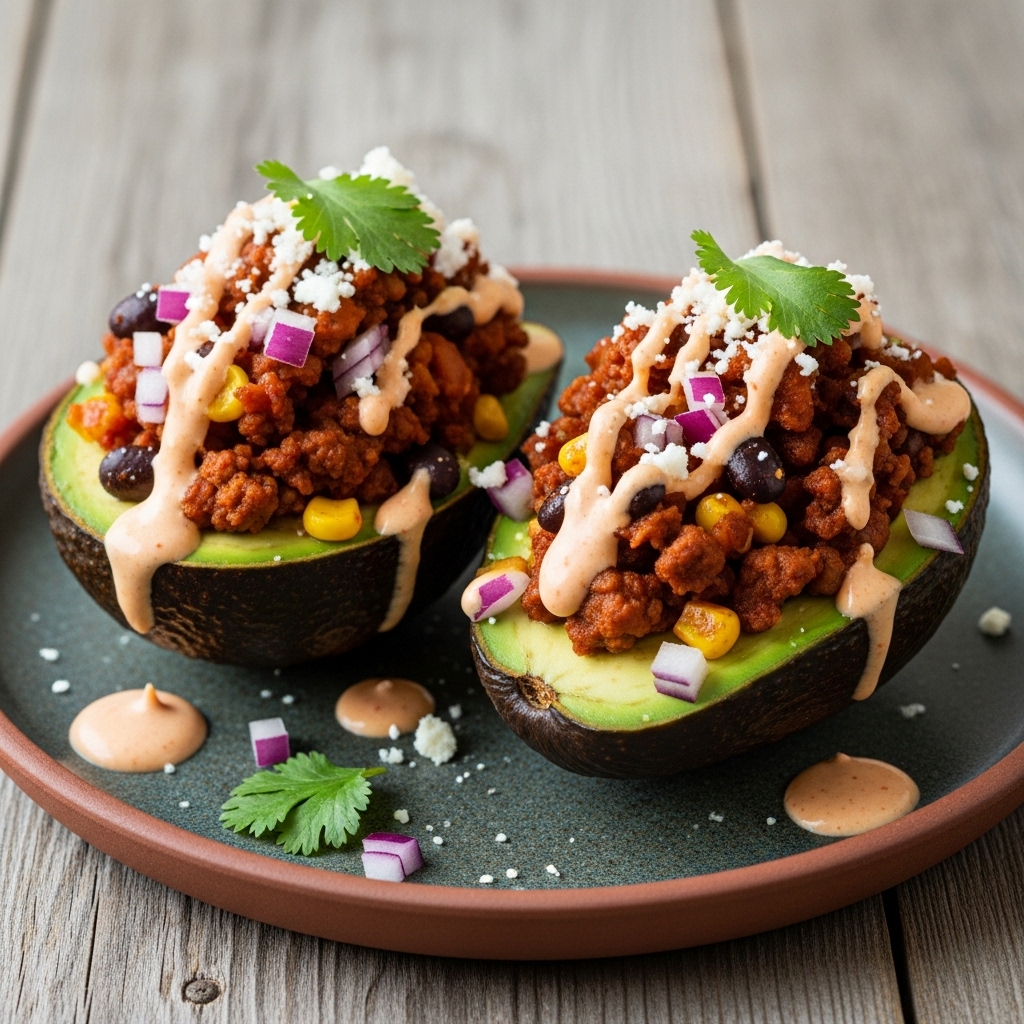 Gluten-Free Tex-Mex Stuffed Avocado Boats with Smoky Chipotle Crema