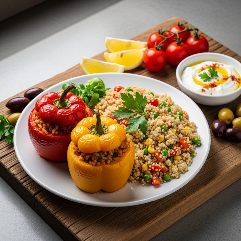 Gluten-Free Turkish Lunch Platter: Aromatic Vegetable Stuffed Peppers and Quinoa Pilaf