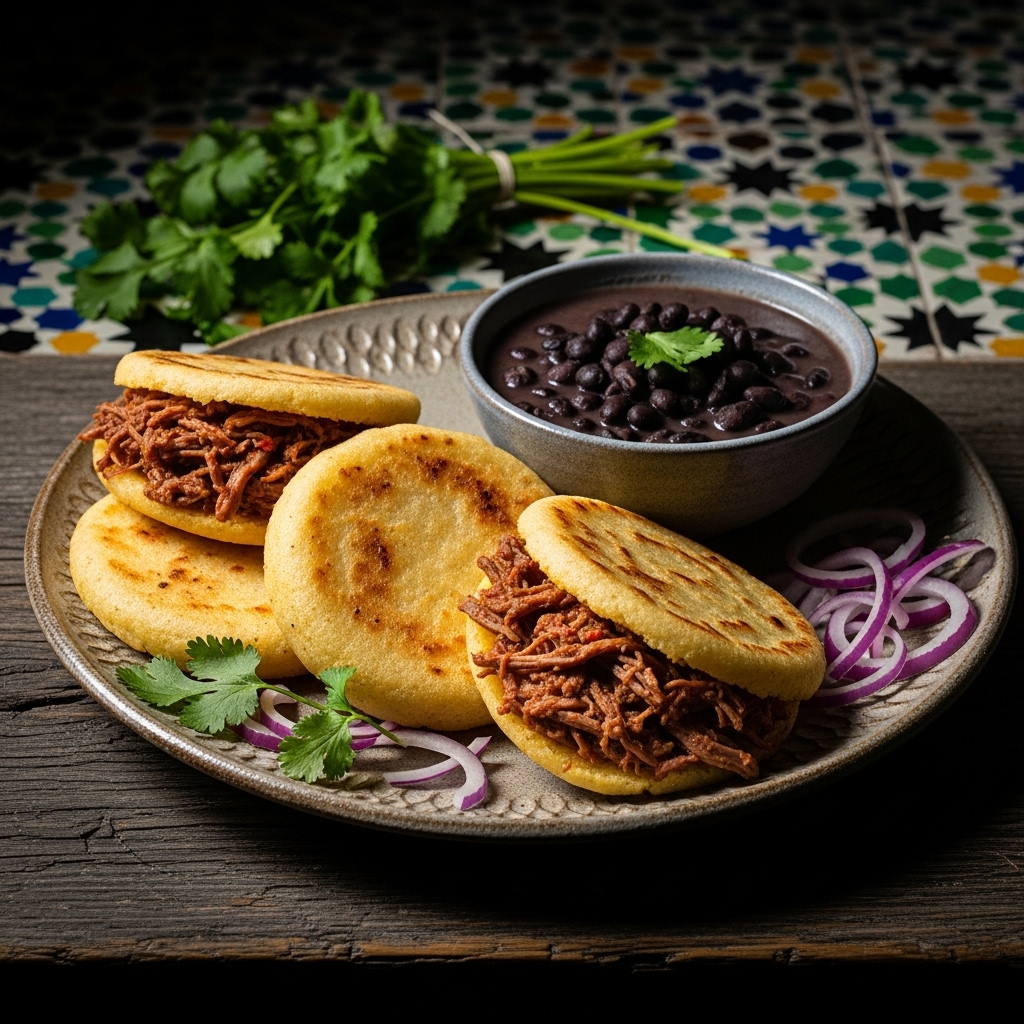 Gluten-Free Venezuelan Dinner Feast: Tempting Arepas, Sizzling Shredded Beef, and Creamy Black Beans