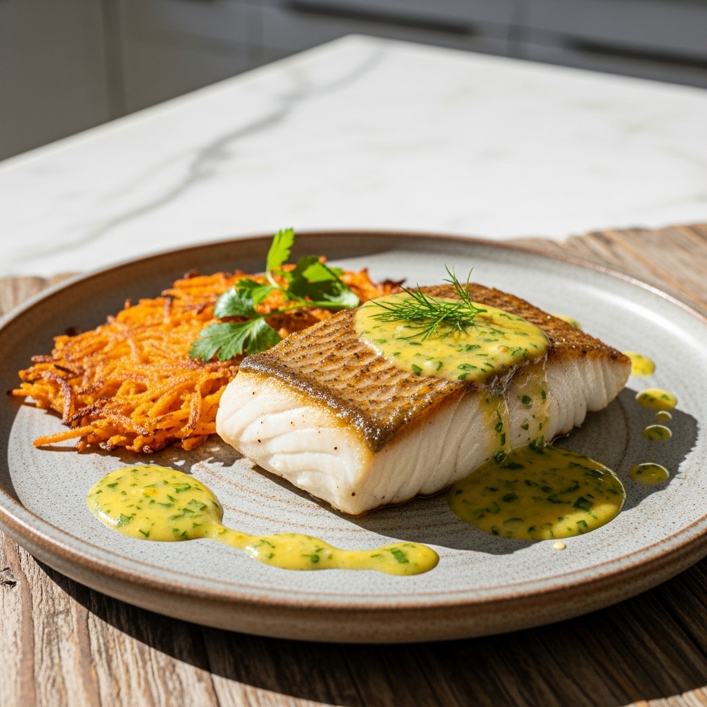 Gourmet Australian Barramundi Fillet with Crispy Sweet Potato Hash & Citrus Herb Butter Sauce