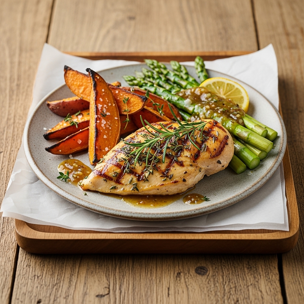 Gourmet Australian Lunch: Grilled Lemon Herb Chicken with Roasted Sweet Potato and Asparagus