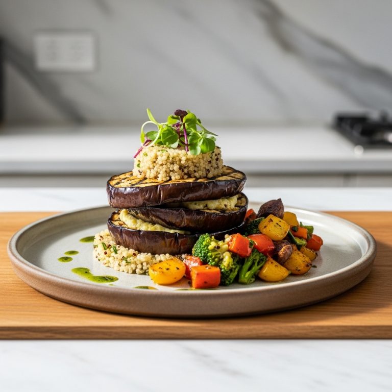 Gourmet Australian Vegetarian Feast: Grilled Eggplant Stack with Lemon Herb Quinoa & Roasted Vegetable Medley