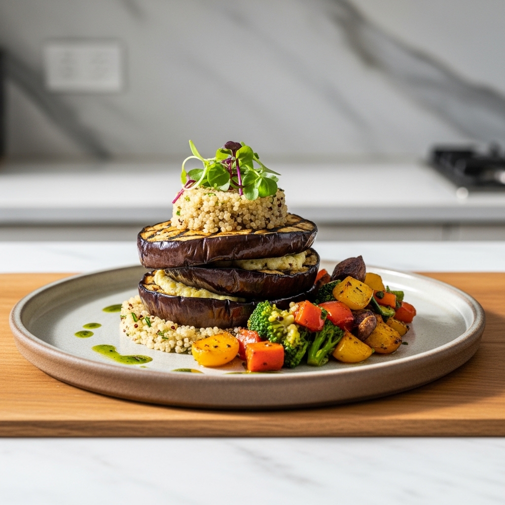 Gourmet Australian Vegetarian Feast: Grilled Eggplant Stack with Lemon Herb Quinoa & Roasted Vegetable Medley