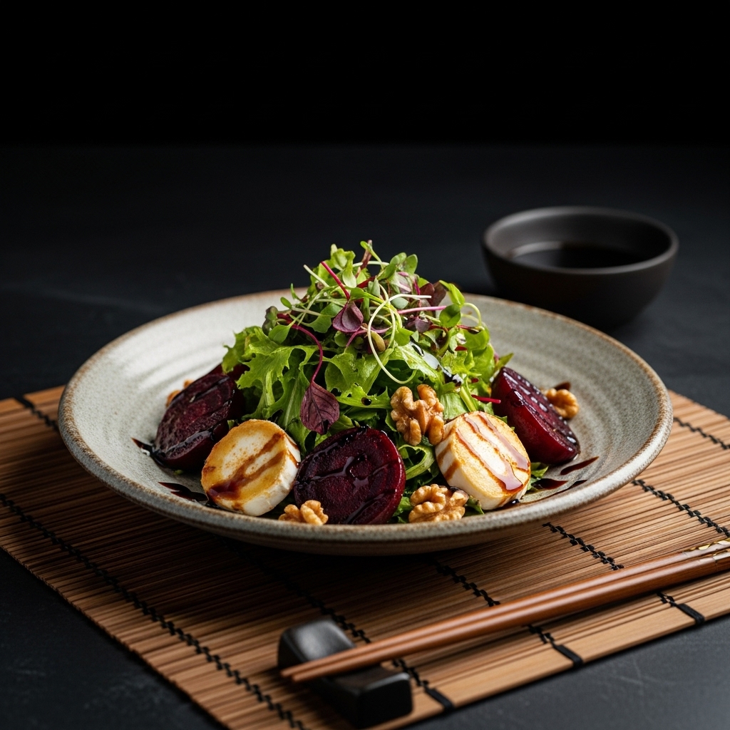 Gourmet Australian Vegetarian Lunch: Roasted Beetroot Salad with Goat Cheese, Walnuts and Honey-Balsamic Glaze