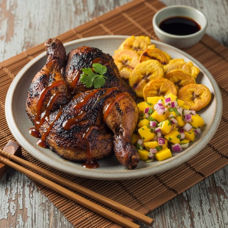 “Gourmet Caribbean Jerk Chicken with Mango Salsa & Grilled Plantain Medallions (Paleo-Friendly)”