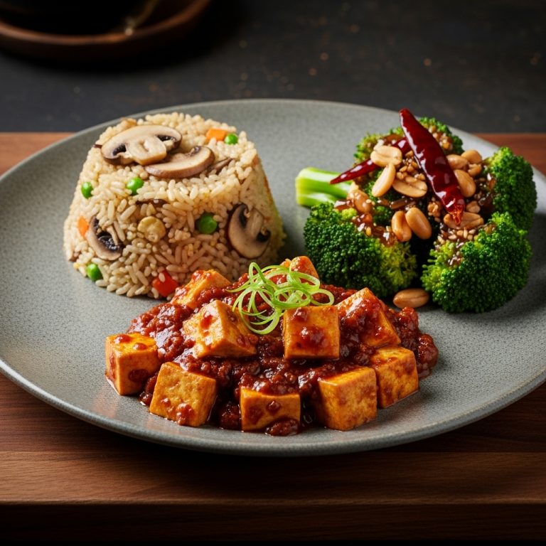 Gourmet Chinese Vegetarian Feast: Szechuan Mapo Tofu, Kung Pao Broccoli, and Mushroom Fried Rice