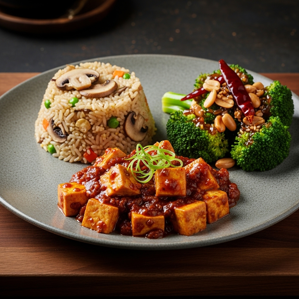 Gourmet Chinese Vegetarian Feast: Szechuan Mapo Tofu, Kung Pao Broccoli, and Mushroom Fried Rice