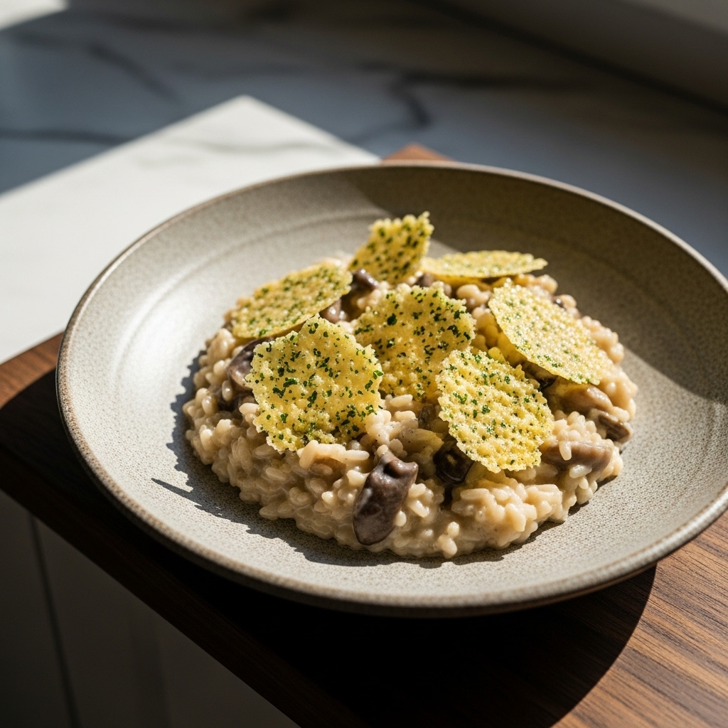 Gourmet French Lunch: Creamy Wild Mushroom Risotto with Herb-Infused Parmesan Crisps