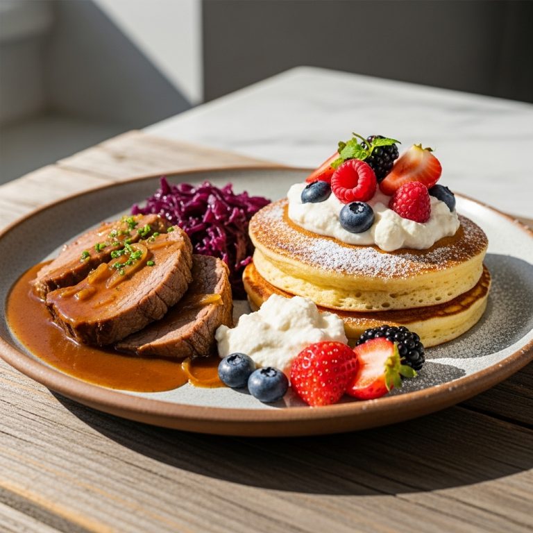 Gourmet German Breakfast: Aromatic Sauerbraten and Fluffy Pancakes with Quark and Berries
