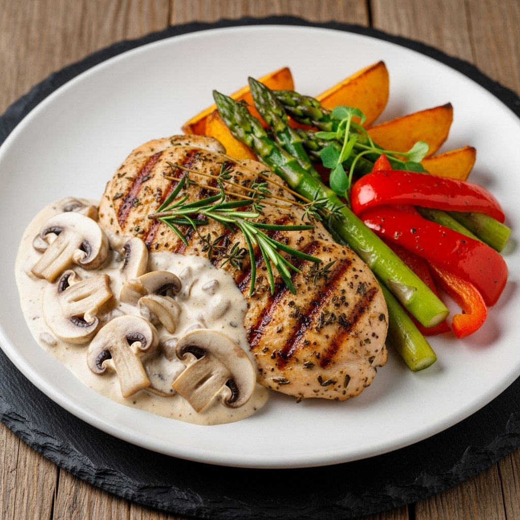 “Gourmet German Paleo Lunch: Grilled Herb Chicken with Creamy Mushroom Sauce and Roasted Vegetables”
