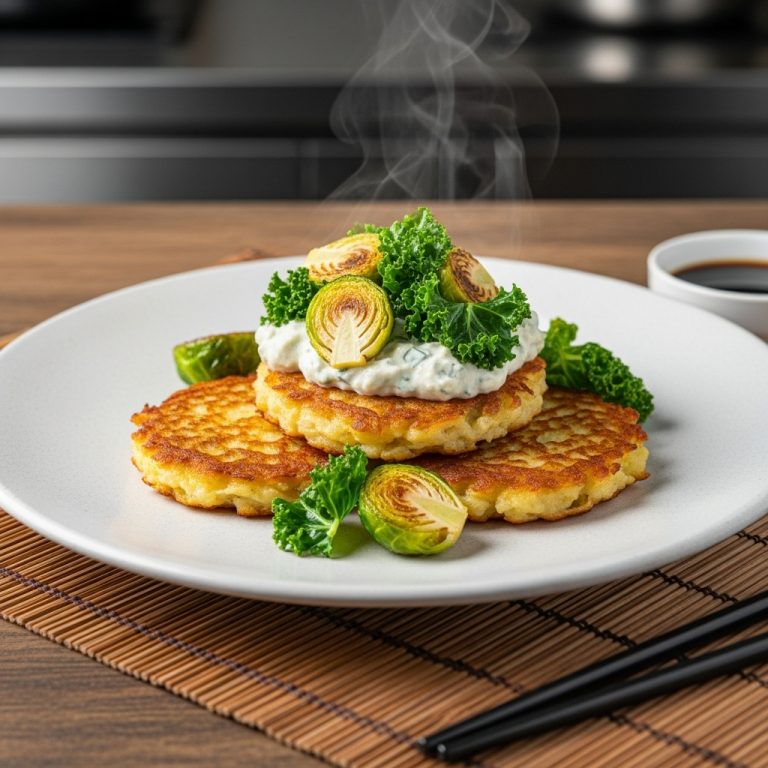 Gourmet German Vegetarian Potato Pancakes with Creamy Kale Sauce and Crispy Brussels Sprouts