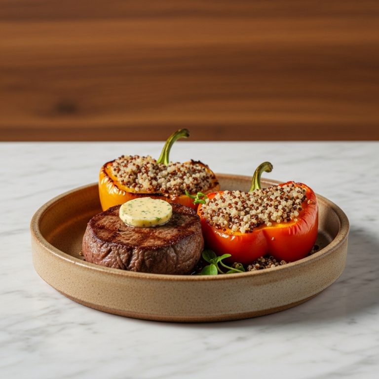 Gourmet Gluten-Free American Lunch: Mouthwatering Steak & Quinoa Stuffed Bell Peppers with Garlic Herb Butter