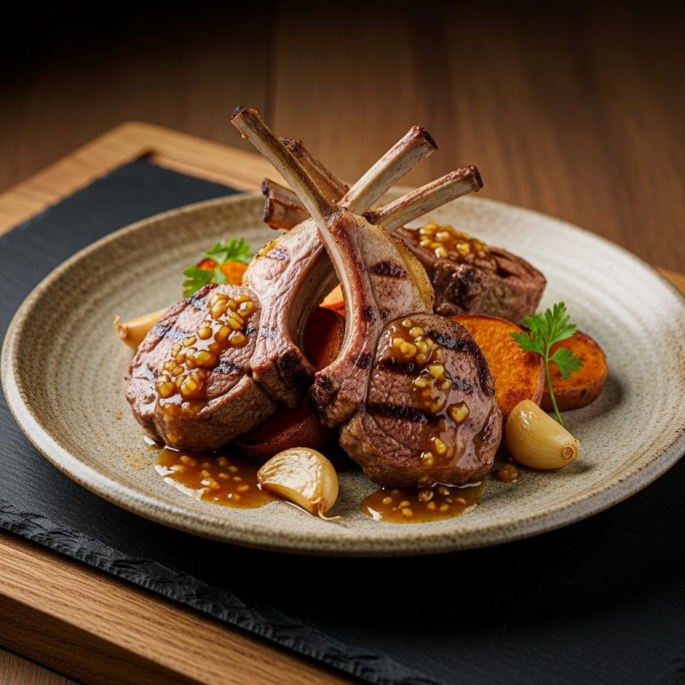 Gourmet Gluten-Free Australian Grilled Lamb Chops with Roasted Sweet Potato & Caramelized Garlic Sauce