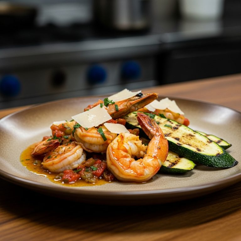 “Gourmet Gluten-Free Cajun Seafood Feast: Spicy Shrimp & Creole Sauce with Parmesan Herb Grilled Zucchini”