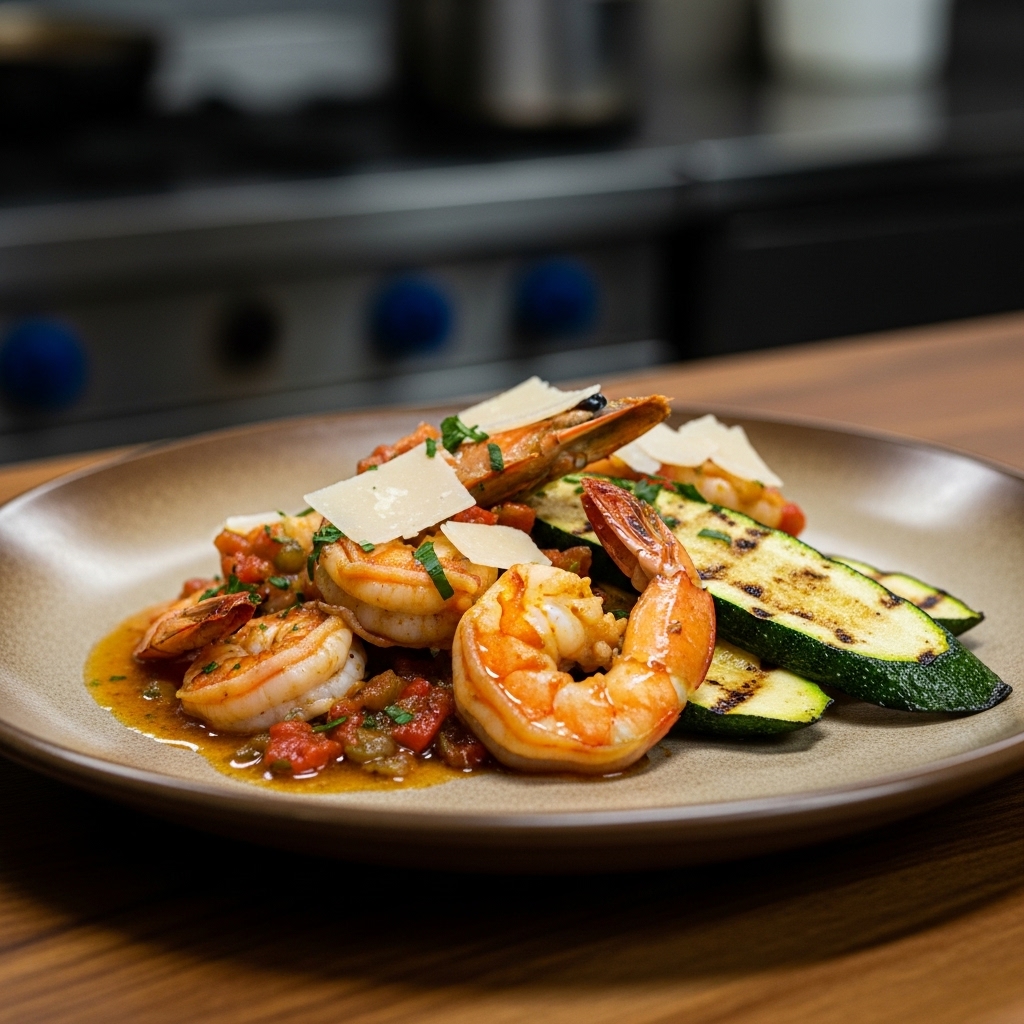 “Gourmet Gluten-Free Cajun Seafood Feast: Spicy Shrimp & Creole Sauce with Parmesan Herb Grilled Zucchini”