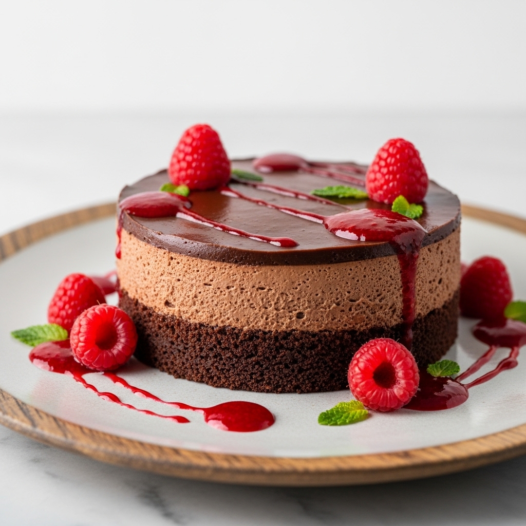 Gourmet Gluten-Free Chocolate Mousse Torte with Raspberry Coulis