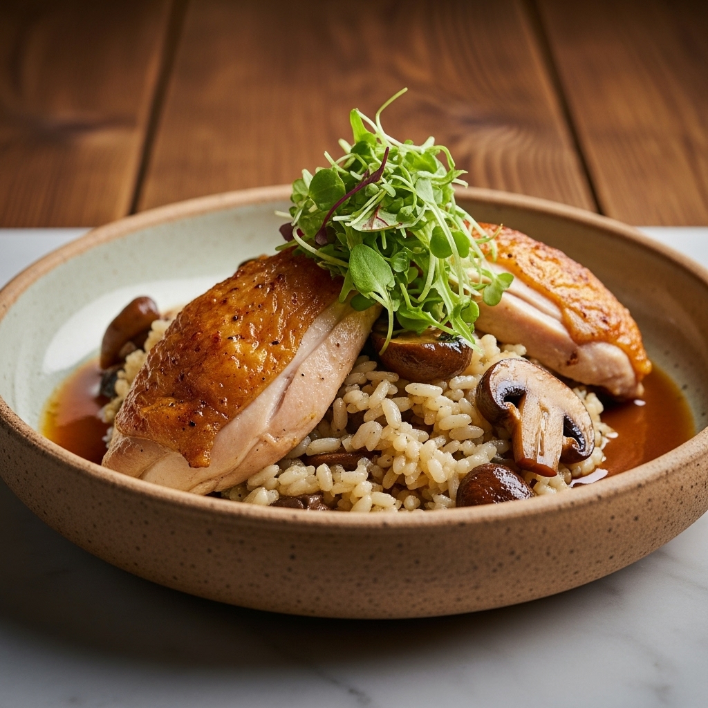 Gourmet Gluten-Free German Lunch: Bavarian-Style Roasted Chicken & Mushroom Risotto with Herb Salad