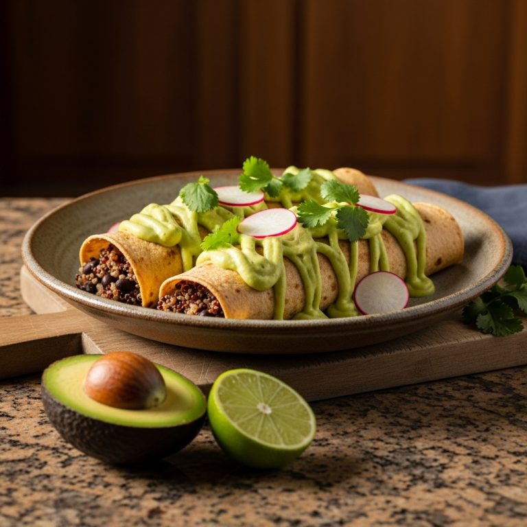 “Gourmet Gluten-Free Mexican Lunch: Quinoa and Black Bean Enchiladas with Creamy Avocado-Lime Sauce”