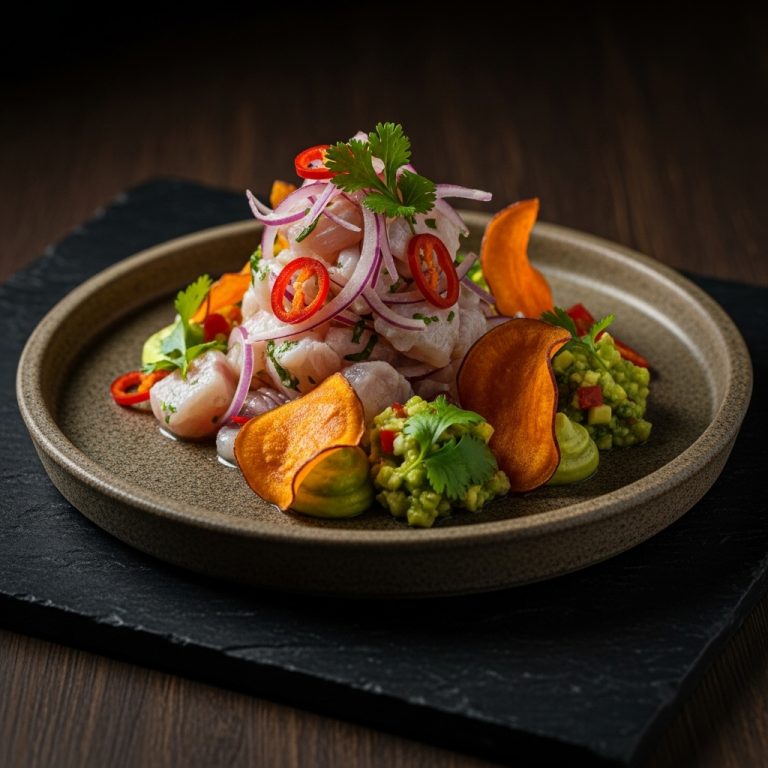 Gourmet Gluten-Free Peruvian Ceviche with Sweet Potato Crisps & Avocado Salsa