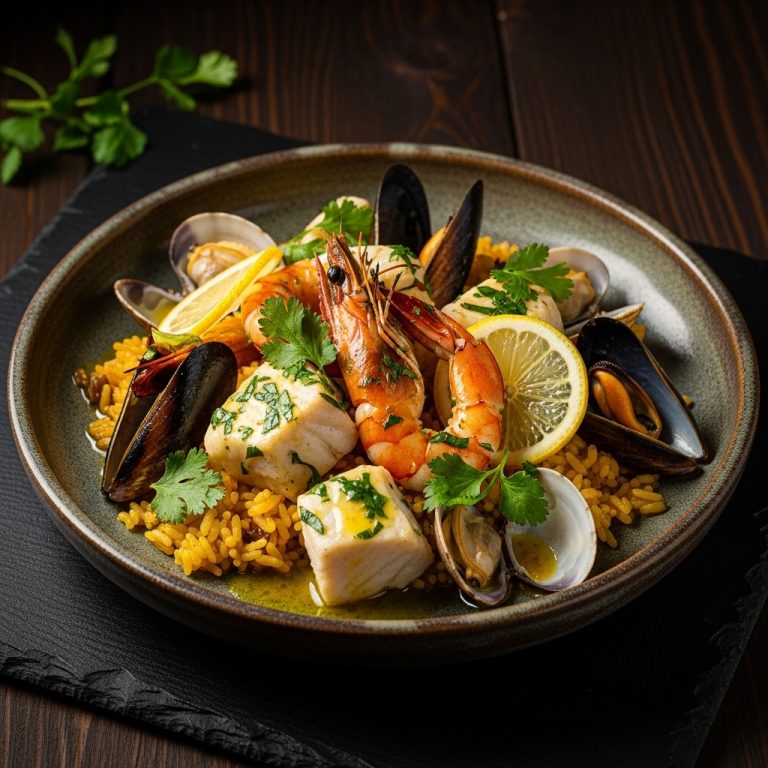 Gourmet Gluten-Free Portuguese Seafood Rice Bowl with Lemon Herb Sauce