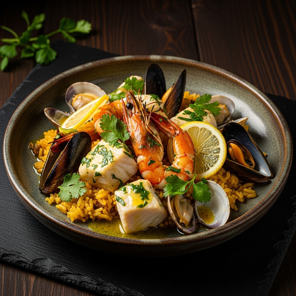 Gourmet Gluten-Free Portuguese Seafood Rice Bowl with Lemon Herb Sauce