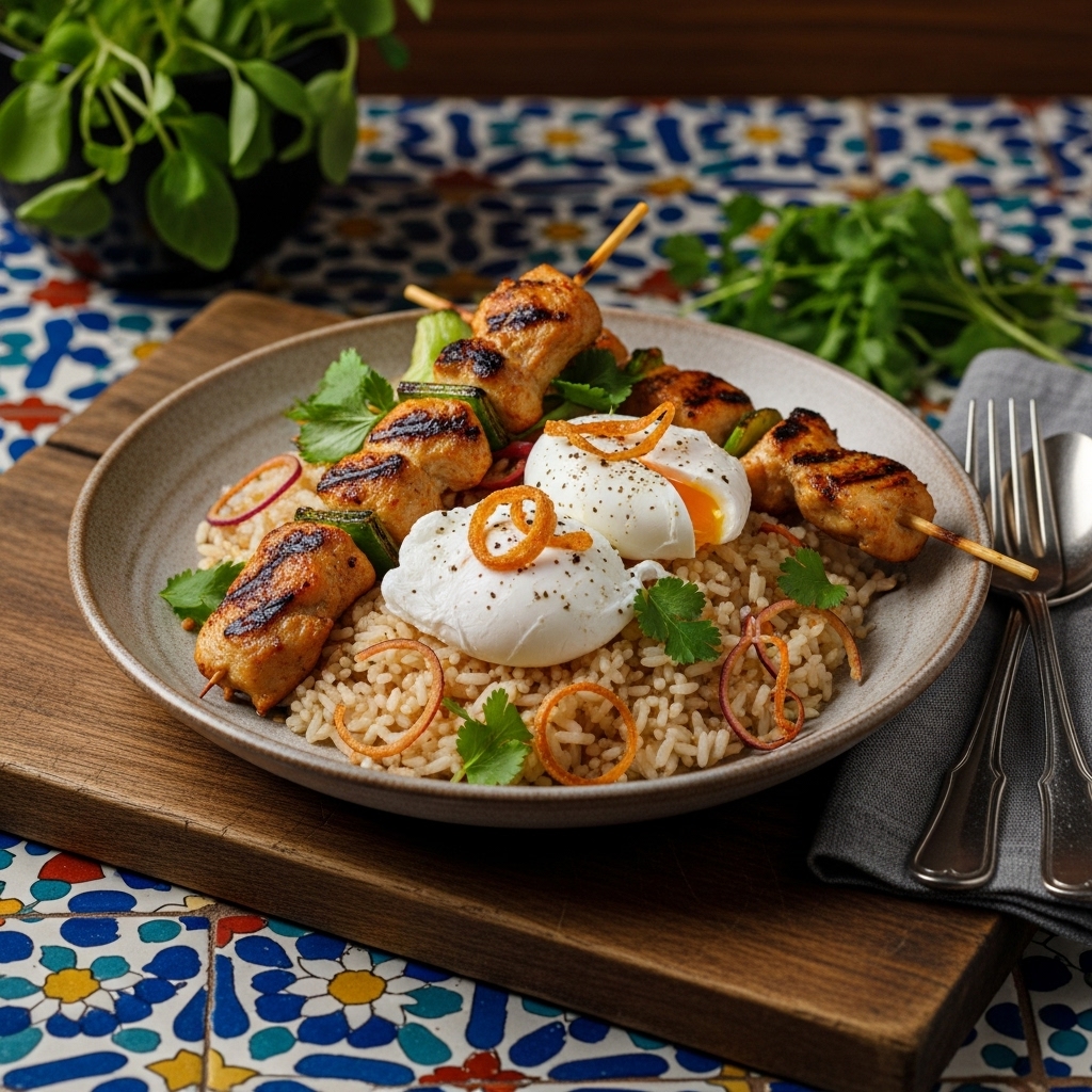 “Gourmet Gluten-Free Thai Breakfast Feast: Coconut Rice Bowl with Poached Eggs, Grilled Chicken Skewers & Crispy Shallots”