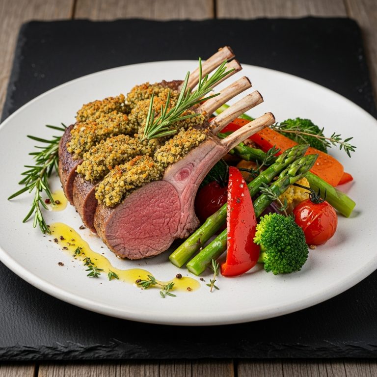 Gourmet Grilled New Zealand Lamb Rack with Herb Crust & Roasted Vegetables – Paleo Dinner Recipe