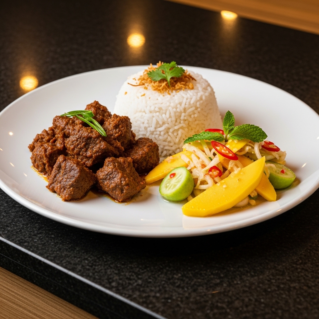 Gourmet Indonesian Breakfast Feast: Spicy Beef Rendang, Coconut Rice, and Keminggo Fruit Salad