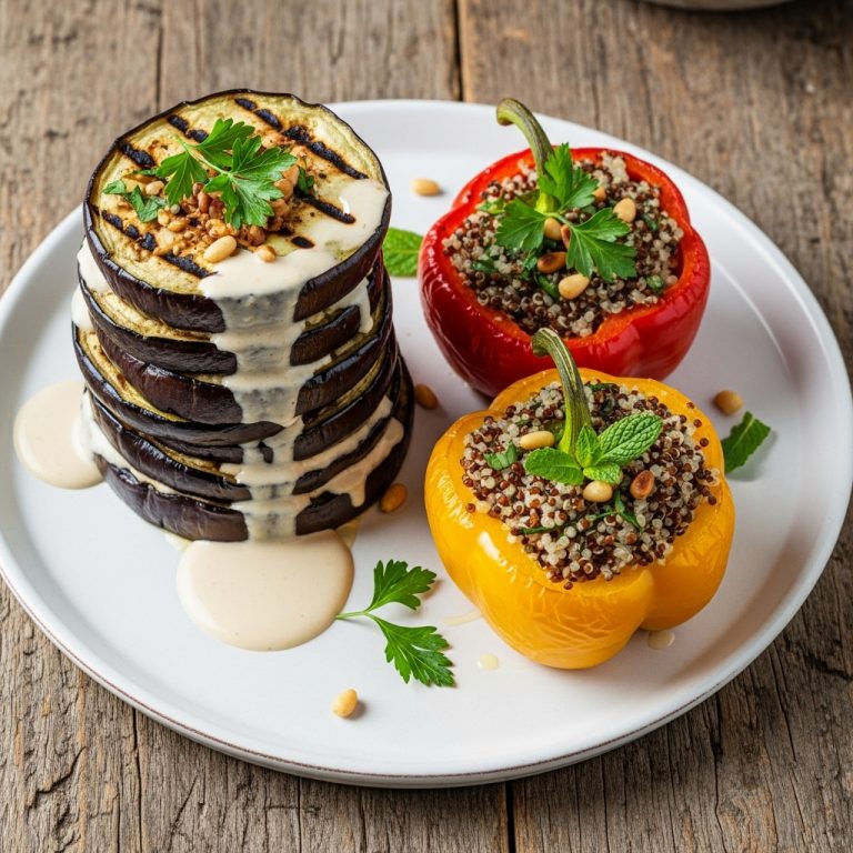 Gourmet Israeli Vegetarian Lunch: Grilled Eggplant Tower with Creamy Tahini Dressing and Quinoa Stuffed Peppers