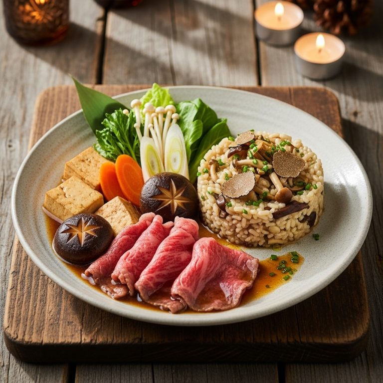 “Gourmet Japanese Gluten-Free Dinner: Delectable Sukiyaki and Umami Mushroom Risotto”