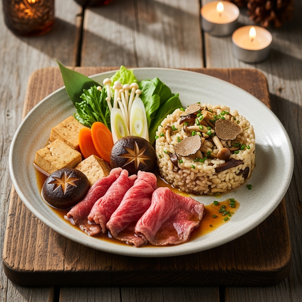 “Gourmet Japanese Gluten-Free Dinner: Delectable Sukiyaki and Umami Mushroom Risotto”