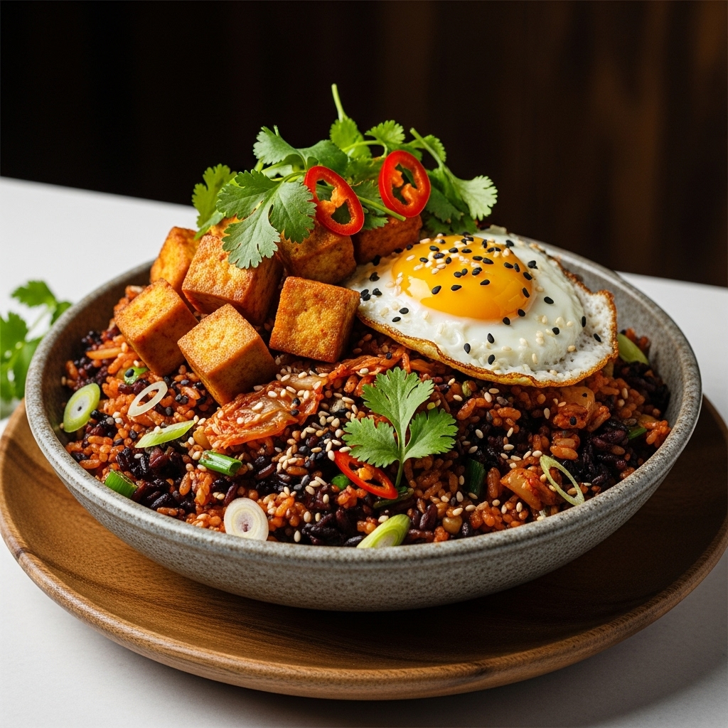 Gourmet Korean Brunch: Gluten-Free Kimchi Fried Rice Bowl with Spicy Tofu
