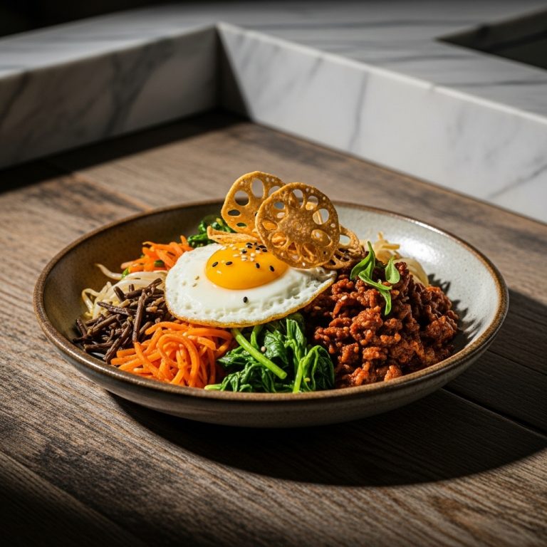 Gourmet Korean Lunch: Gluten-Free Bibimbaobap with Spicy Beef Bulgogi and Crispy Lotus Root Chips