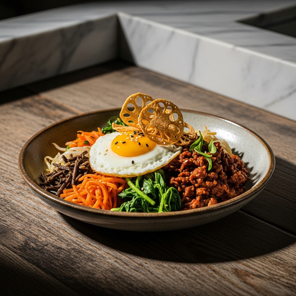 Gourmet Korean Lunch: Gluten-Free Bibimbaobap with Spicy Beef Bulgogi and Crispy Lotus Root Chips