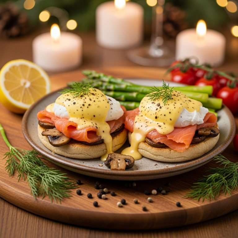 Gourmet New Zealand Breakfast: Smoked Salmon Eggs Benedict with Mushrooms and Asparagus