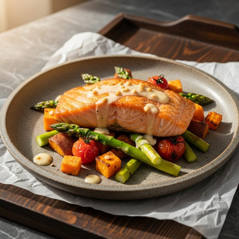 Gourmet New Zealand Salmon with Roasted Vegetables & Creamy Garlic Sauce (Paleo)