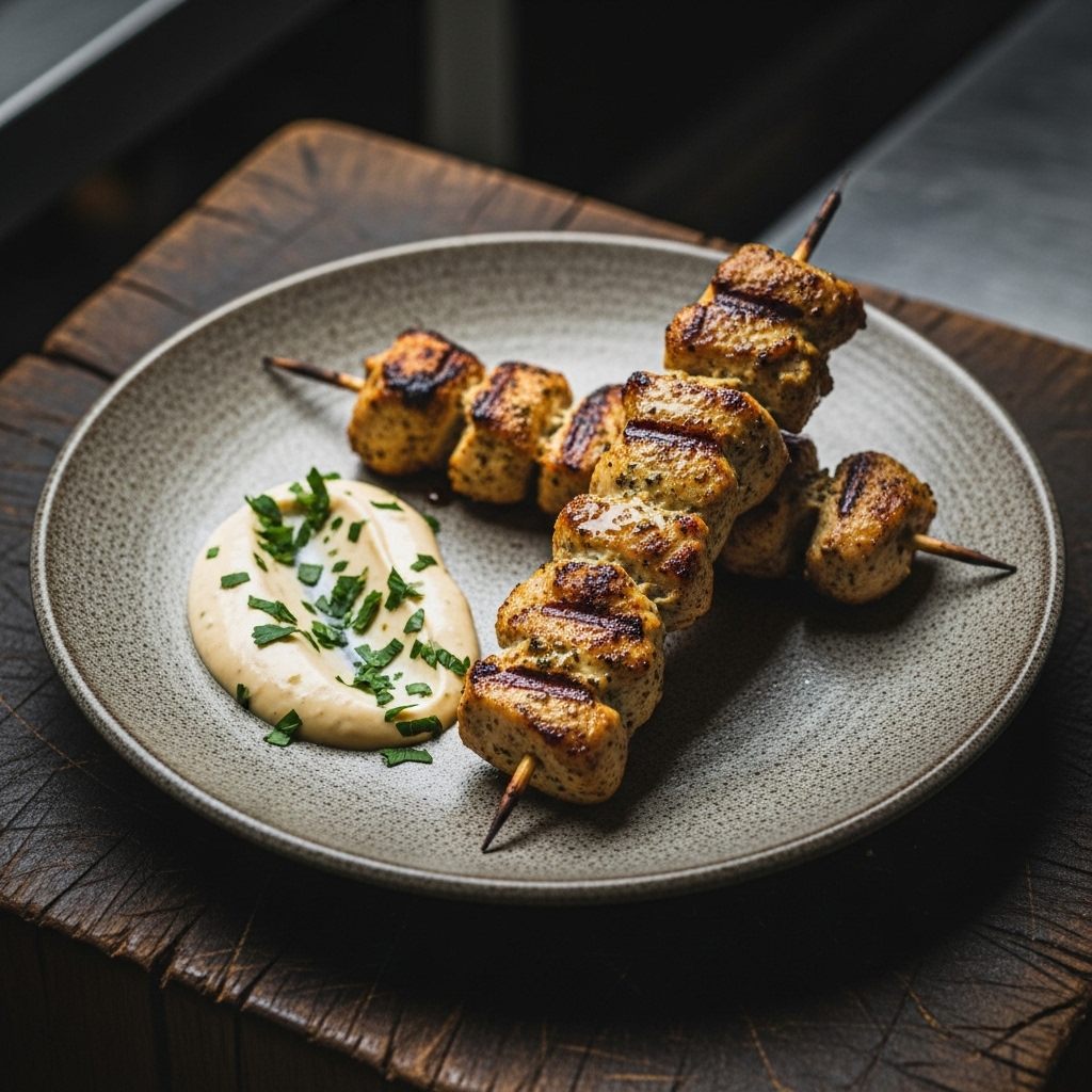Gourmet Paleo French Snack: Grilled Herb Chicken Skewers with Creamy Garlic Aioli