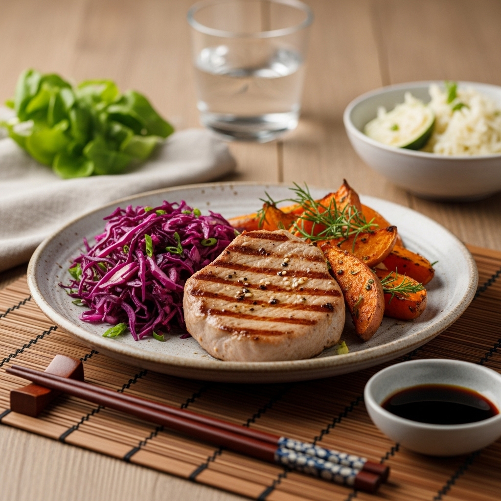 Gourmet Paleo German Lunch: Grilled Pork Tenderloin with Zesty Red Cabbage Salad & Herb-Roasted Sweet Potatoes