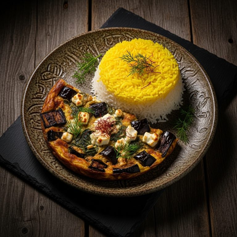 Gourmet Persian Vegetarian Breakfast Feast: Eggplant Feta Cheese Kuku with Saffron Rice