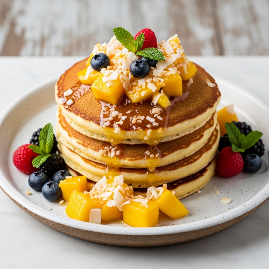 Gourmet Polynesian Brunch: Tropical Gluten-Free Pancakes with Mango Coconut Compote